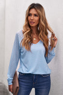 Sheer Striped V-Neck Top Light Blue