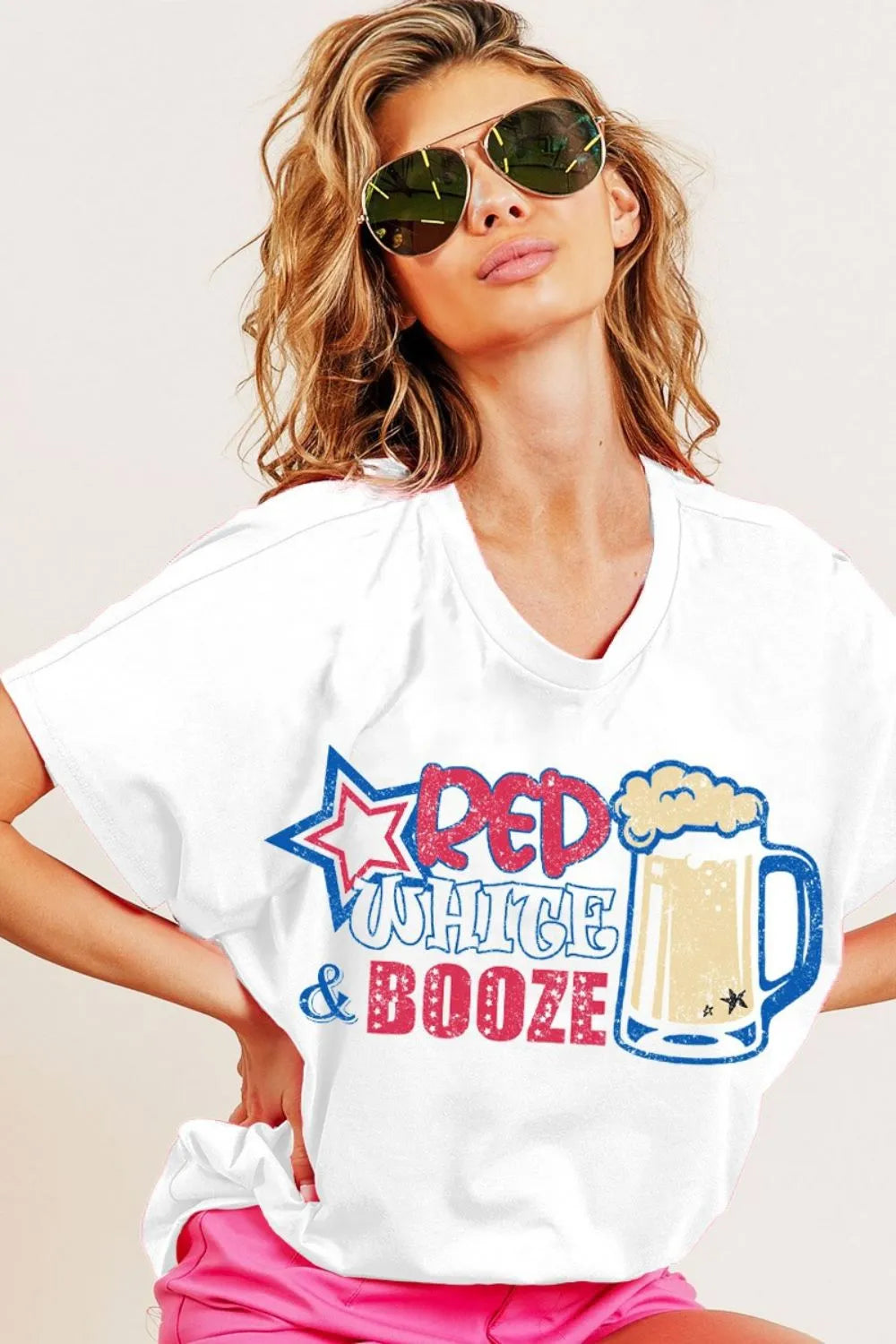 Patriotic Red, White, and Booze Graphic Jersey Top - Fun & Comfy Casual Shirt