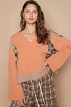 POL V-Neck Long Sleeve Plaid Contrast Top with Texture Knit Detail - Store 42