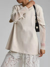 Faux Layered Round Neck Mesh Sleeve Top Dust Storm