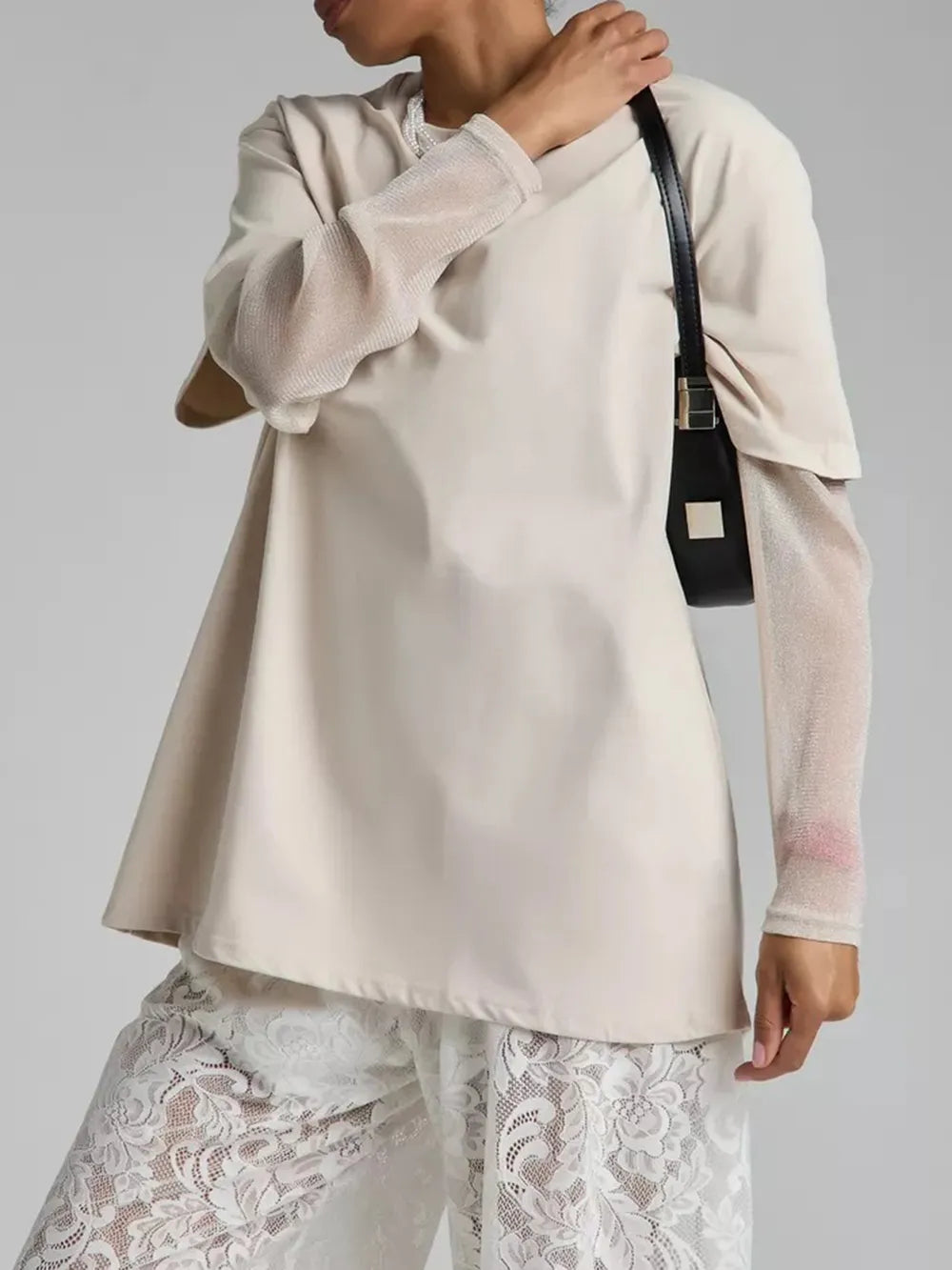 Faux Layered Round Neck Mesh Sleeve Top Dust Storm