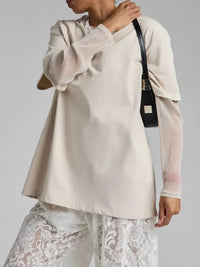 Faux Layered Round Neck Mesh Sleeve Top Dust Storm