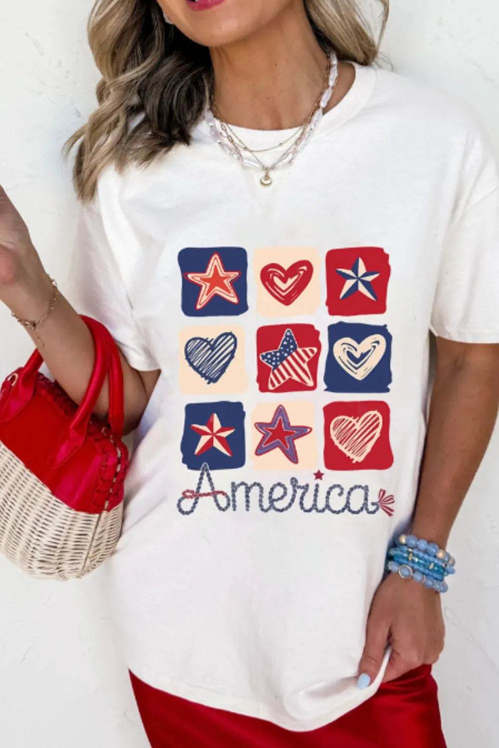 American Heart Star Checkered Graphic Tee for Women - Soft Stretchy Fabric, Casual Style - Store 42
