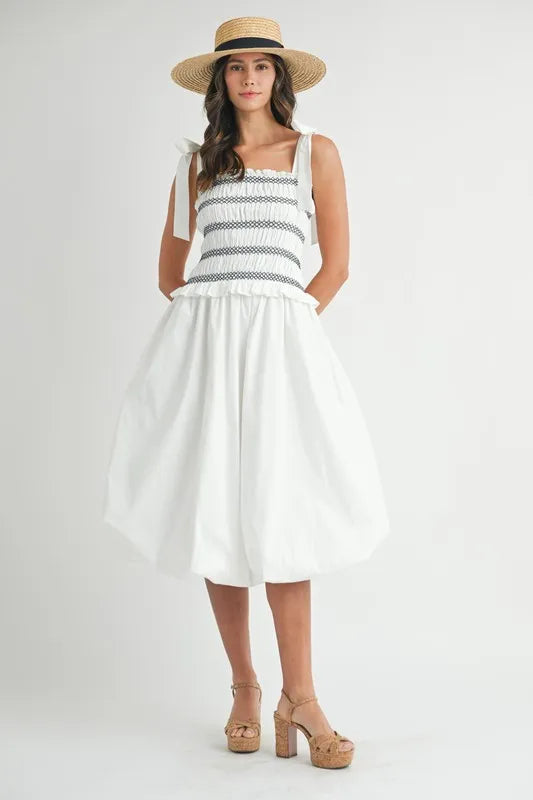 MABLE Smocked Bodice Bubble Midi Dress - Cute Casual Chic Look for Every Occasion