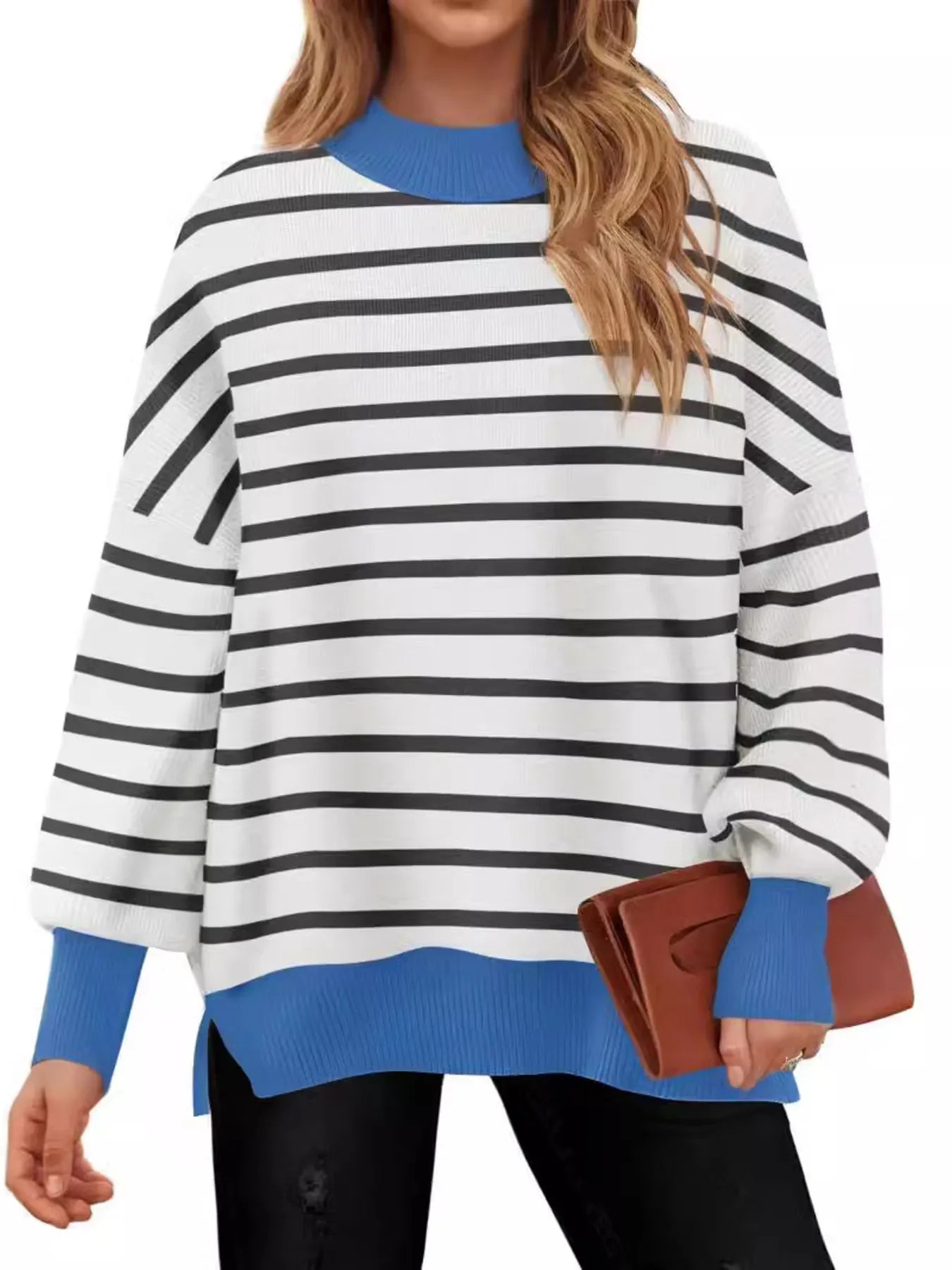 Striped Round Neck Long Sleeve Sweater Blue