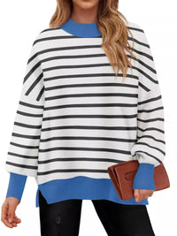 Striped Round Neck Long Sleeve Sweater Blue