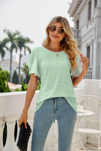 Trendsi Eyelet Flutter Sleeve Semi-Sheer Round Neck Casual Top - 100% Polyester - Store 42