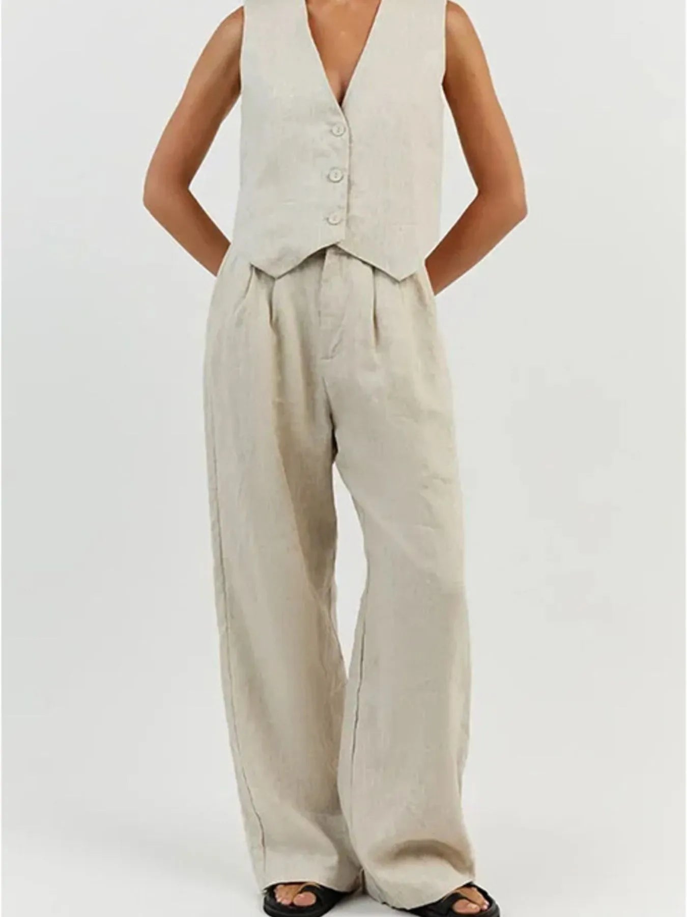 Full Size V-Neck Vest and Wide Leg Pants Set Plus Size