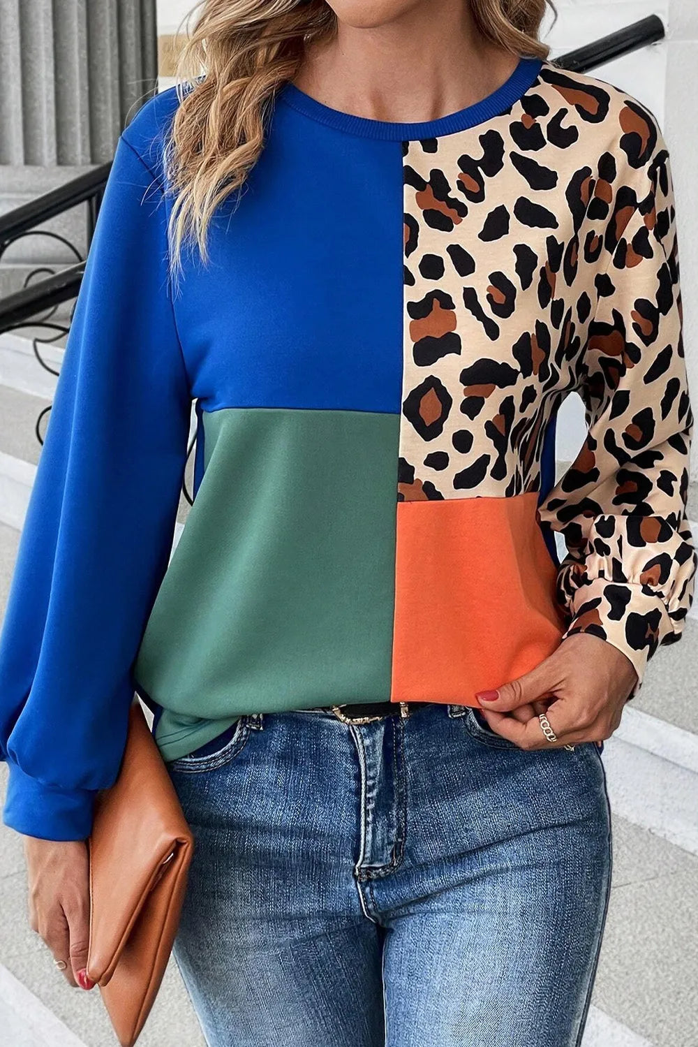 Trendy Color Block Long Sleeve Sweatshirt with Round Neck - Slightly Stretchy & Opaque Fabric