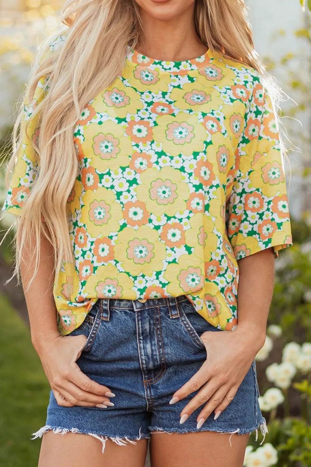 Floral Print Oversized T-Shirt with Round Neck - Soft Stretchy 95% Polyester Blend - Store 42