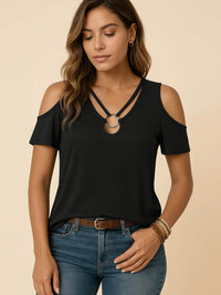 Sleek Cold Shoulder T-Shirt With Eye-Catching Metal Ring Detail - 95% Polyester, Slightly Stretchy - Store 42
