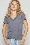 POL V-Neck Short Sleeve Ribbed T-Shirt with Contrast Overlock Stitching CHARCOAL