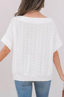 Stylish Eyelet Pattern Boat Neck Tee for Women – Slightly Stretchy, Casual Comfort - Store 42