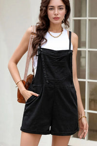 Square Neck Denim Overalls with Pockets Black