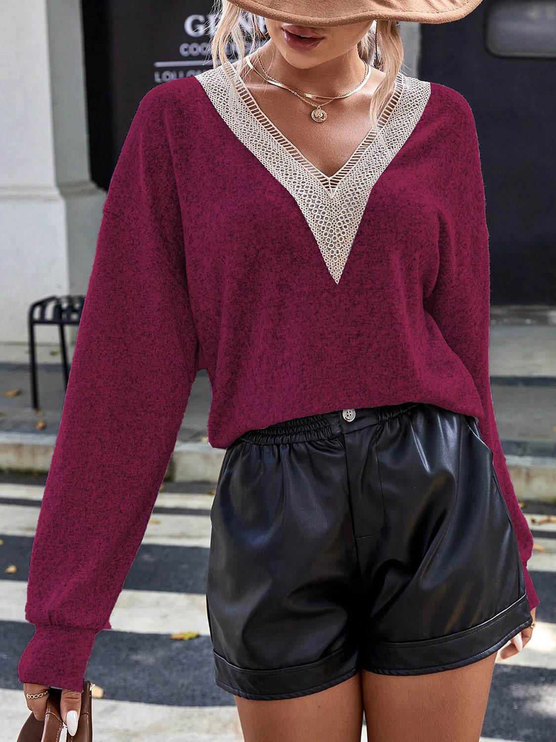 Lace Detail V-Neck Long Sleeve Top for Women - Slightly Stretchy, Opaque 100% Polyester - Store 42