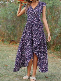 Printed Surplice Ruffle Sleeve Dress