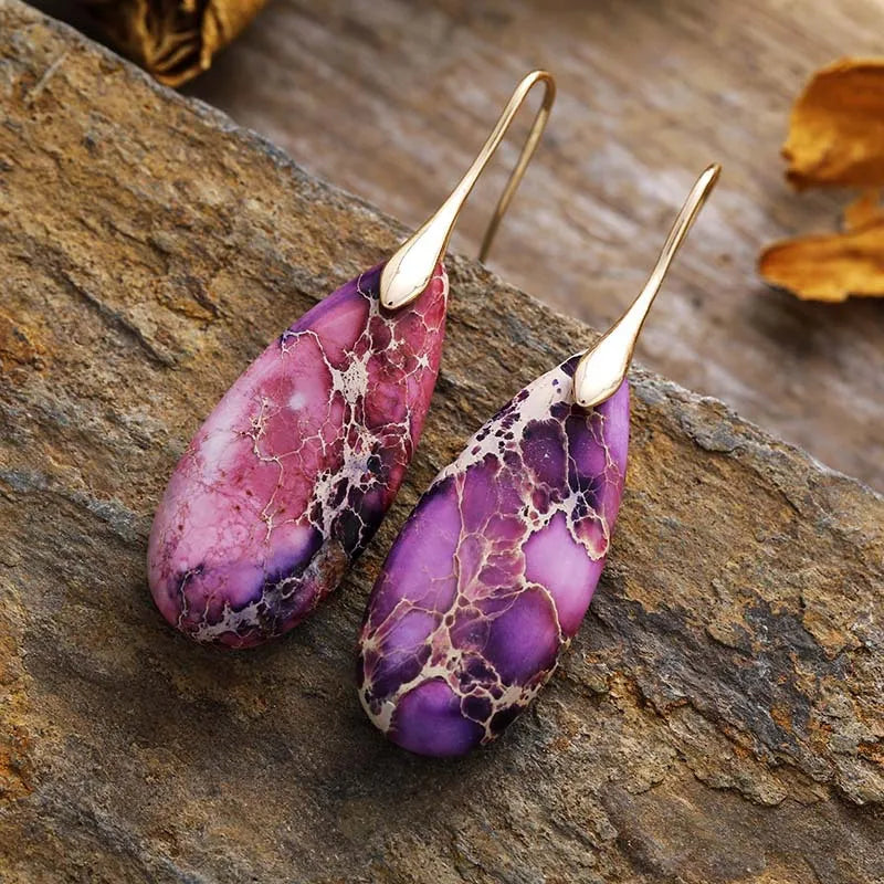Teardrop Shape Natural Stone Dangle Earrings – 14K Gold-Plated Copper, Unique Patterns