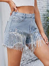 Distressed Pearl Trim Denim Shorts with Pockets Light