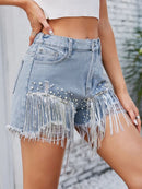 Distressed Pearl Trim Denim Shorts with Pockets Light