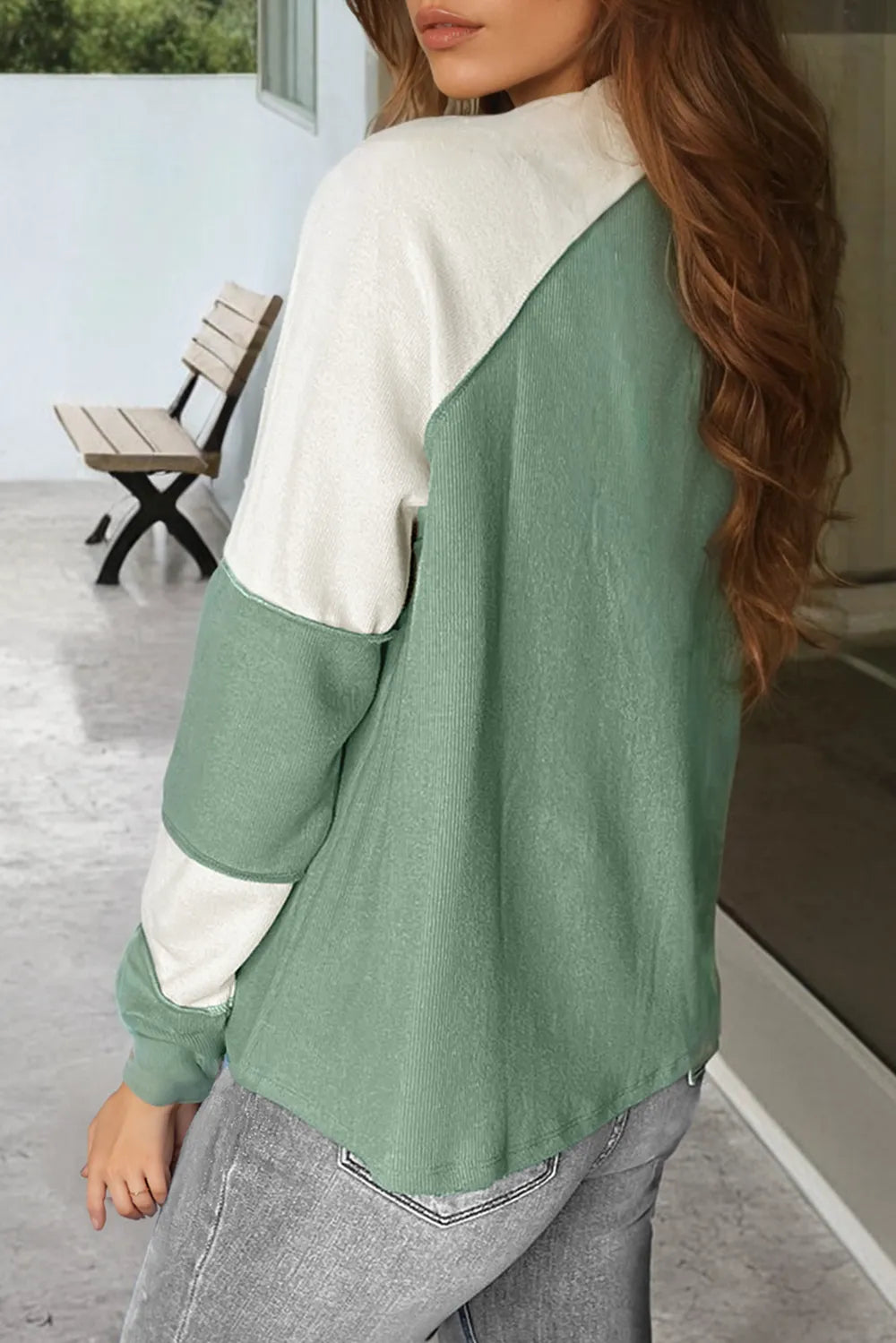 Trendsi Color Block Round Neck Raglan Sleeve Top with Exposed Seams - Opaque Stretch Fabric