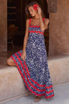 Printed Square Neck Wide Strap Maxi Dress Dark Blue