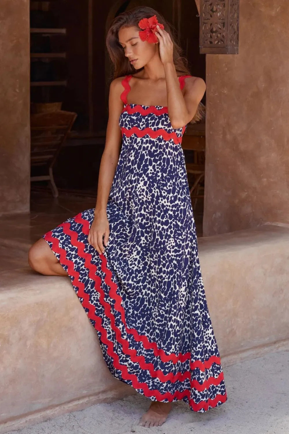 Trendsi 100% Polyester Printed Square Neck Wide Strap Maxi Dress - Opaque & Casual Style
