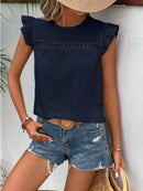 Elegant Eyelet Round Neck Cap Sleeve Top - 95% Polyester, No Stretch, Imported - Store 42