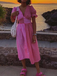 Plaid V-Neck Puff Sleeve Dress
