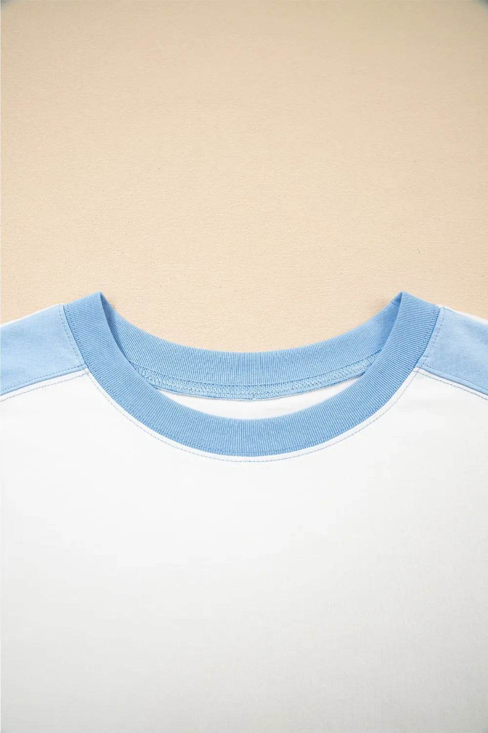 Stylish Color Block Crew Neck T-Shirt with Exposed Seams - Soft Cotton Blend, Slightly Stretchy - Store 42