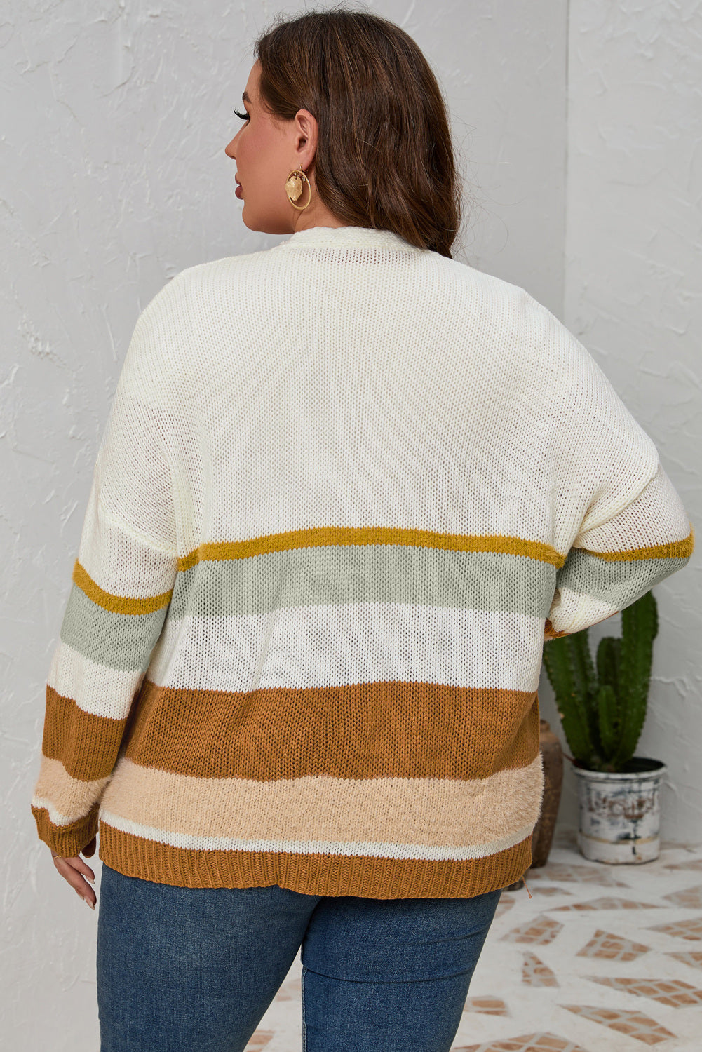 Plus Size Color Block Long Sleeve Cardigan - Slightly Stretchy Acrylic Blend, Stylish & Comfortable