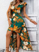 High-Low Printed Cap Sleeve Maxi Dress