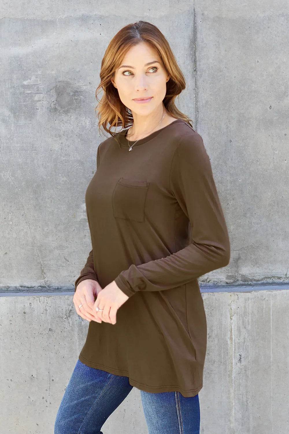 Basic Bae Women's Full Size Round Neck Long Sleeve Top with Pockets and Moderate Stretch - Store 42