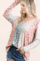 Trendy Gradation Leopard Print Textured Knit Top - 100% Cotton, Slightly Stretchy Fabric - Store 42