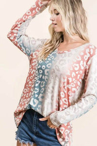 Trendy Gradation Leopard Print Textured Knit Top - 100% Cotton, Slightly Stretchy Fabric - Store 42