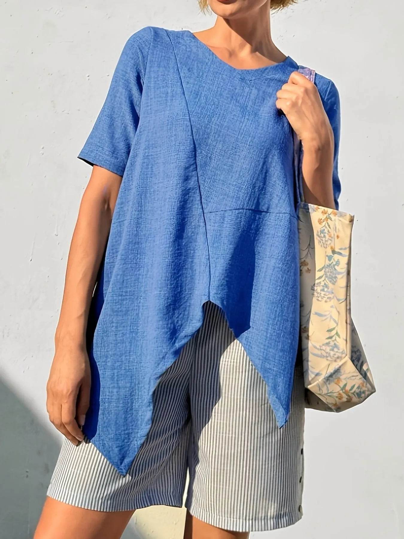 Stylish Asymmetrical Hem Relaxed Fit T-Shirt with Button Detail - 100% Polyester