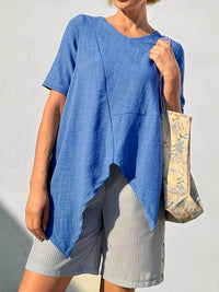 Stylish Asymmetrical Hem Relaxed Fit T-Shirt with Button Detail - 100% Polyester - Store 42