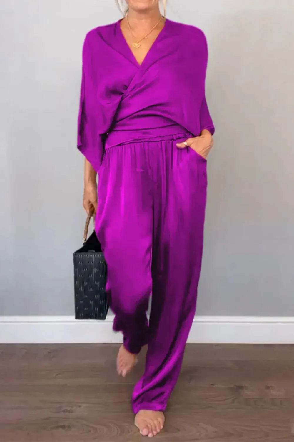 Full Size Wrap Surplice Top and Pants Set Plus Size - Store 42