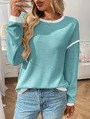 Slightly Stretchy Ribbed Long Sleeve Top with Contrast Trim - Elegant Basic Style - Store 42