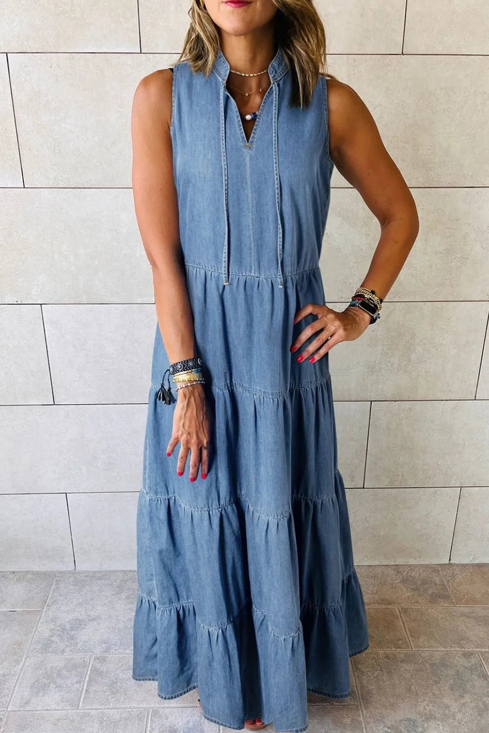 Tied Neck Tiered Maxi Denim Dress - 95% Cotton, Machine Washable, No Stretch