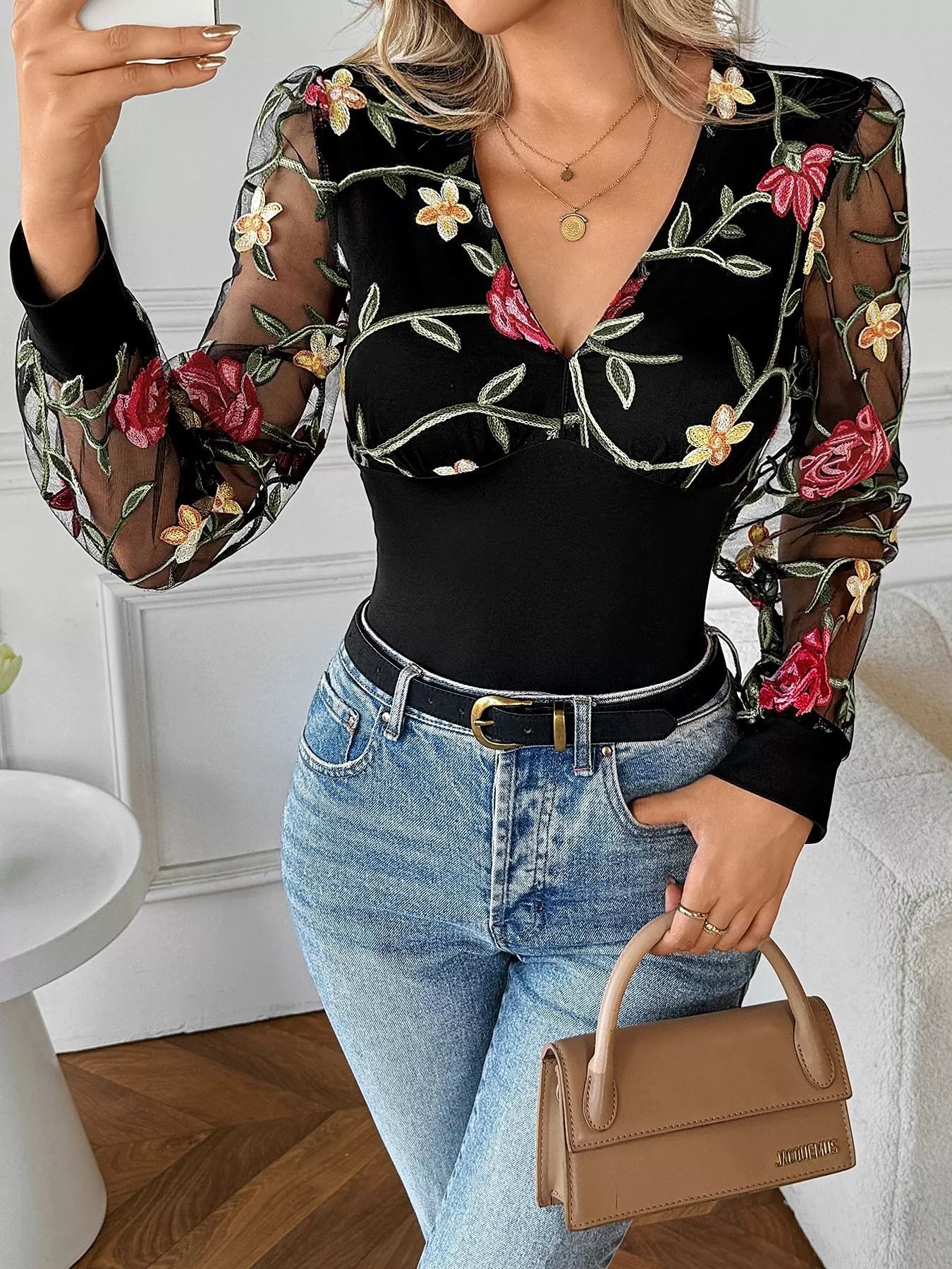 Sheer Floral Mesh Sleeve V-Neck Top in 100% Polyester - Slightly Stretchy & Stylish