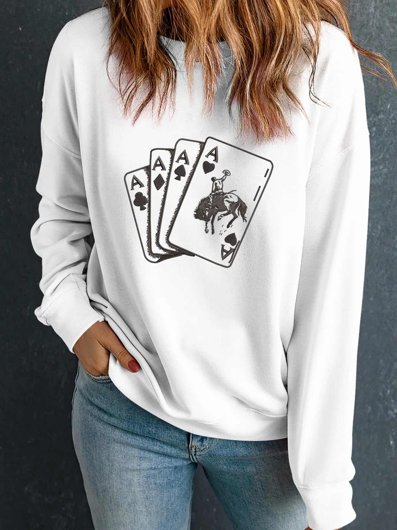 Ace Card Cowboy Graphic Long Sleeve Sweatshirt - Comfortable Stretch Blend for Casual Style