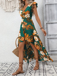 High-Low Printed Cap Sleeve Maxi Dress
