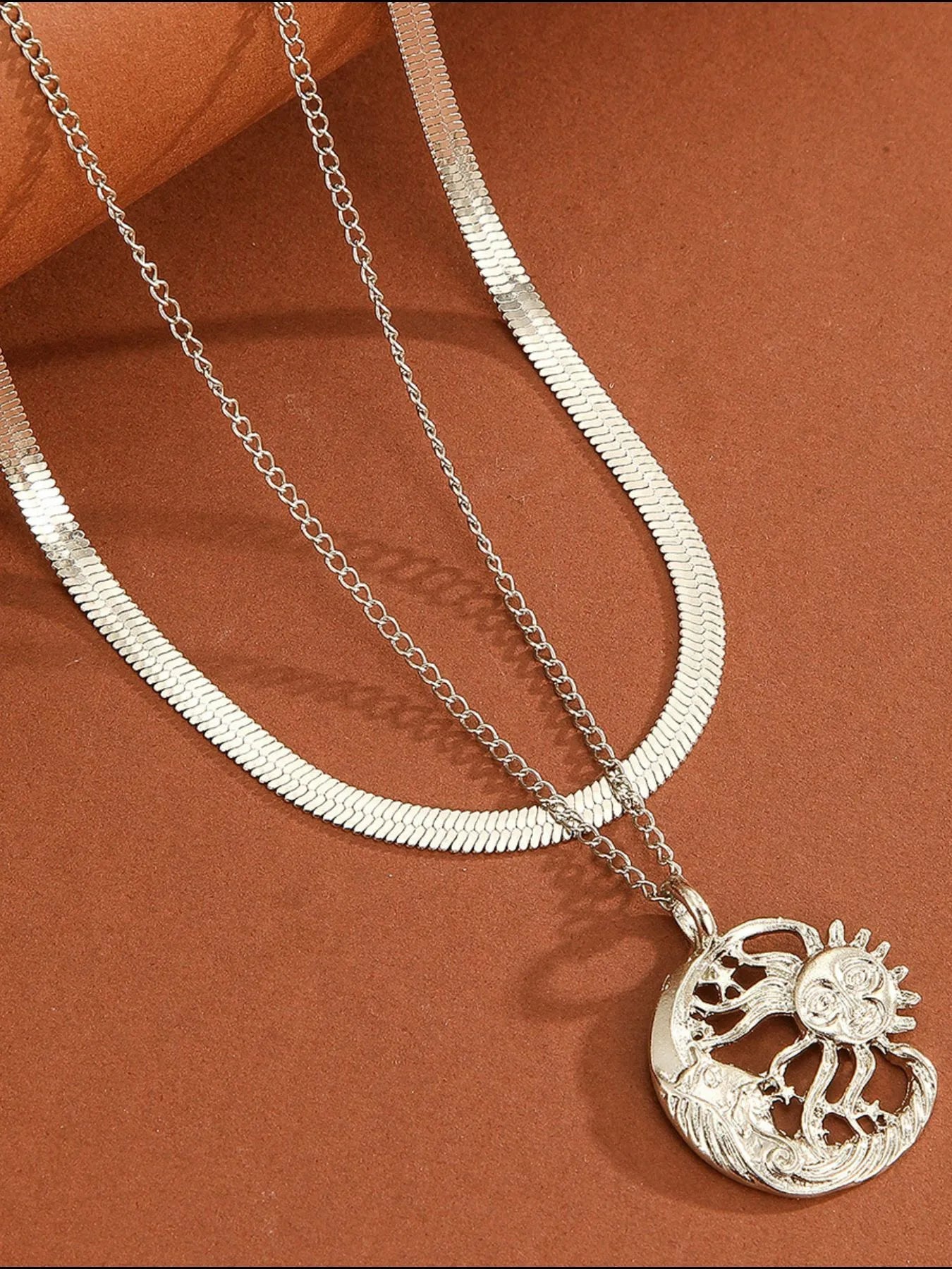 Trendy Double Layer Sun Moon Necklace - Alloy & Stainless Steel, Imported Jewelry