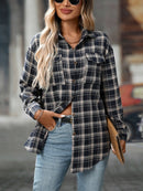 Plaid Button-Down Oversized Shirt Navy Blue
