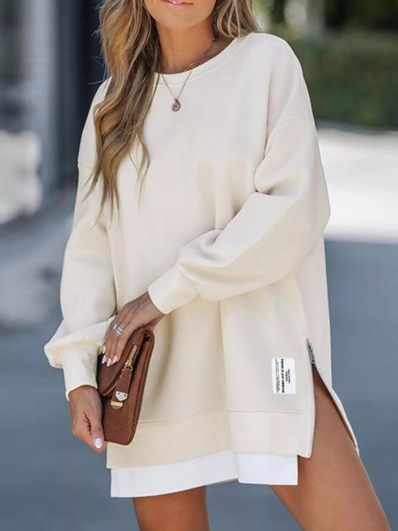 Trendsi Oversized Side Slit Round Neck Long Sleeve Sweatshirt in Polyester Blend