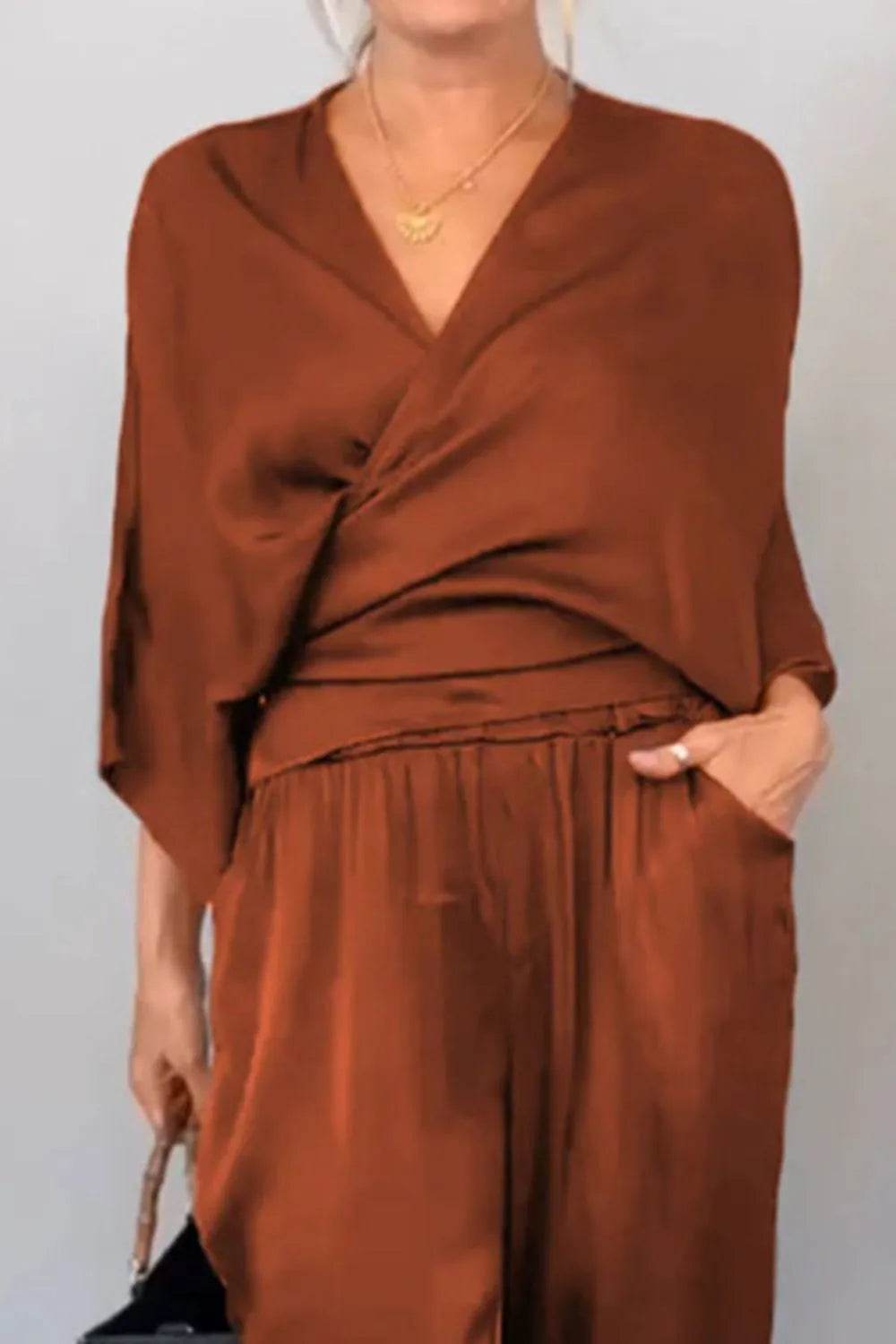 Full Size Wrap Surplice Top and Pants Set Plus Size - Store 42