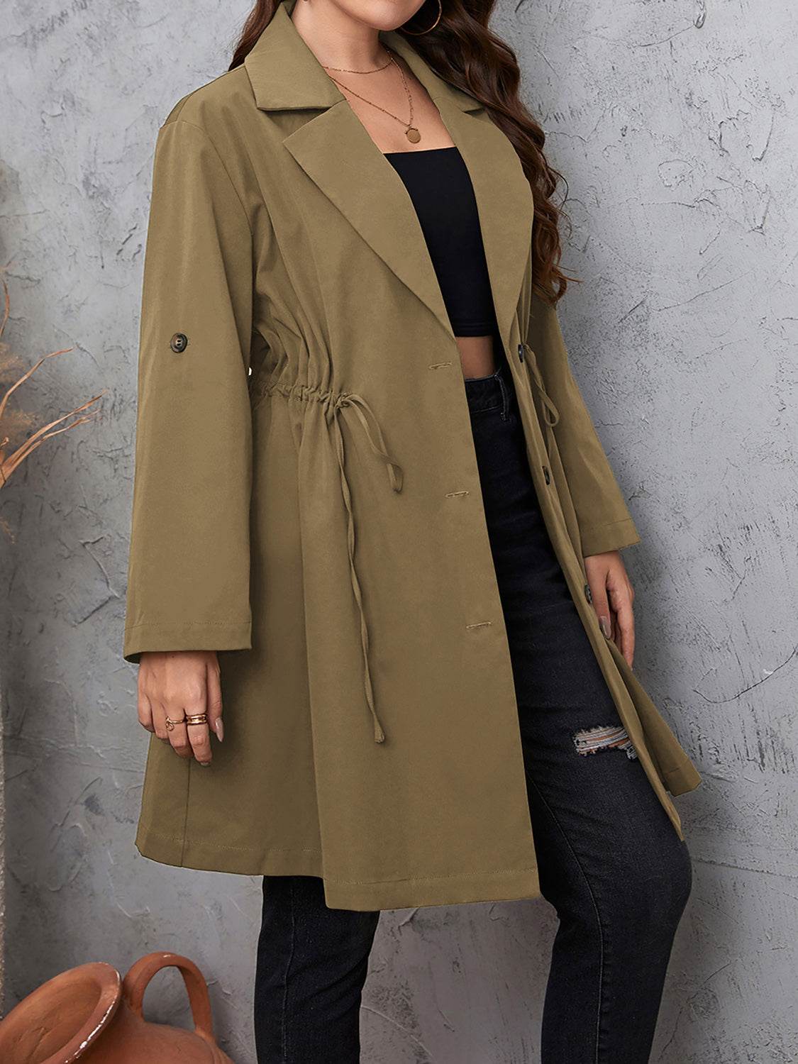 Honey Plus Size Lapel Collar Drawstring Roll-Tab Sleeve Trench Coat - Store 42