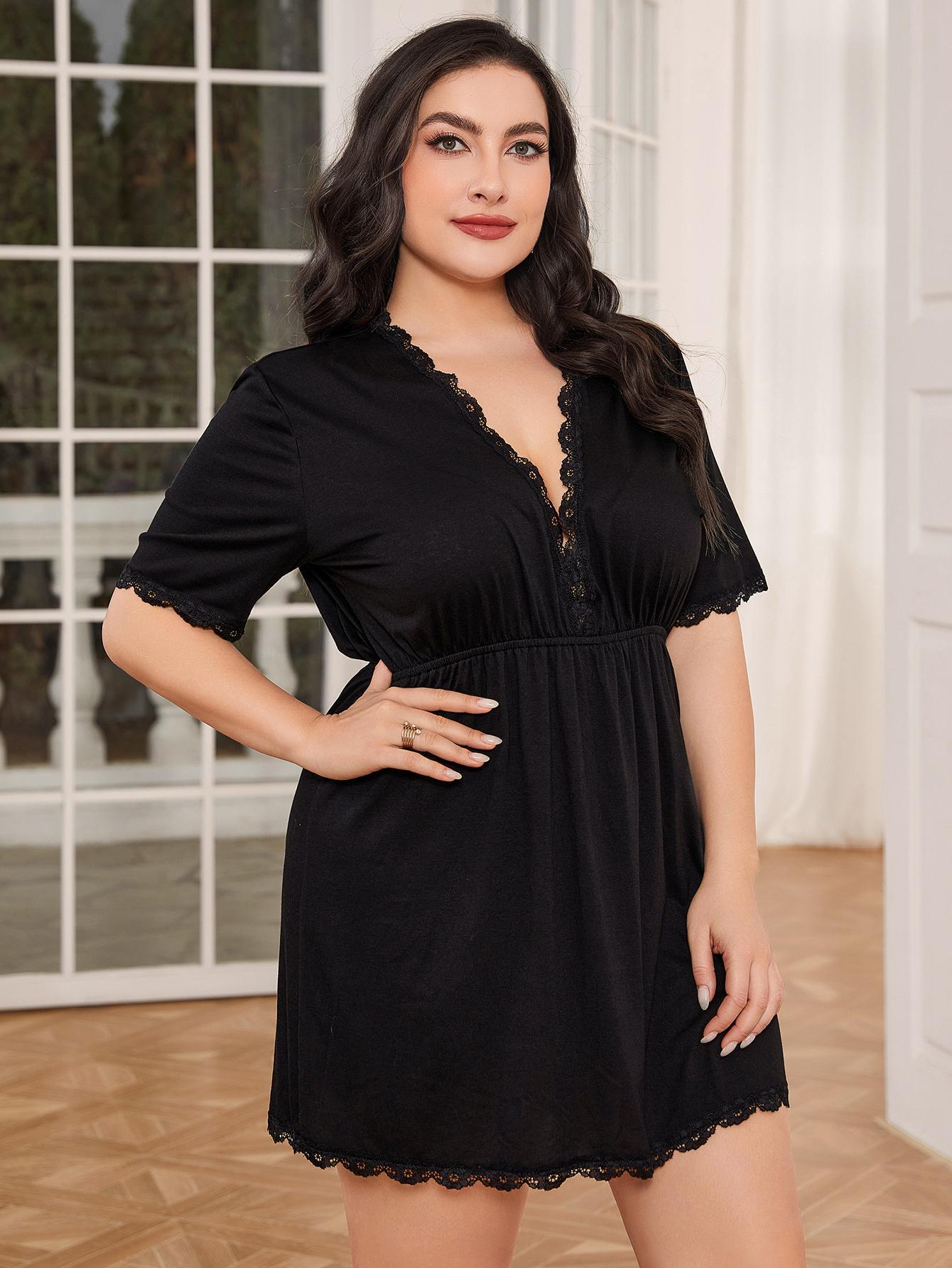 Chic Plus Size Deep V Lace Trim Night Dress for Comfort and Style in Sizes 0XL-5XL