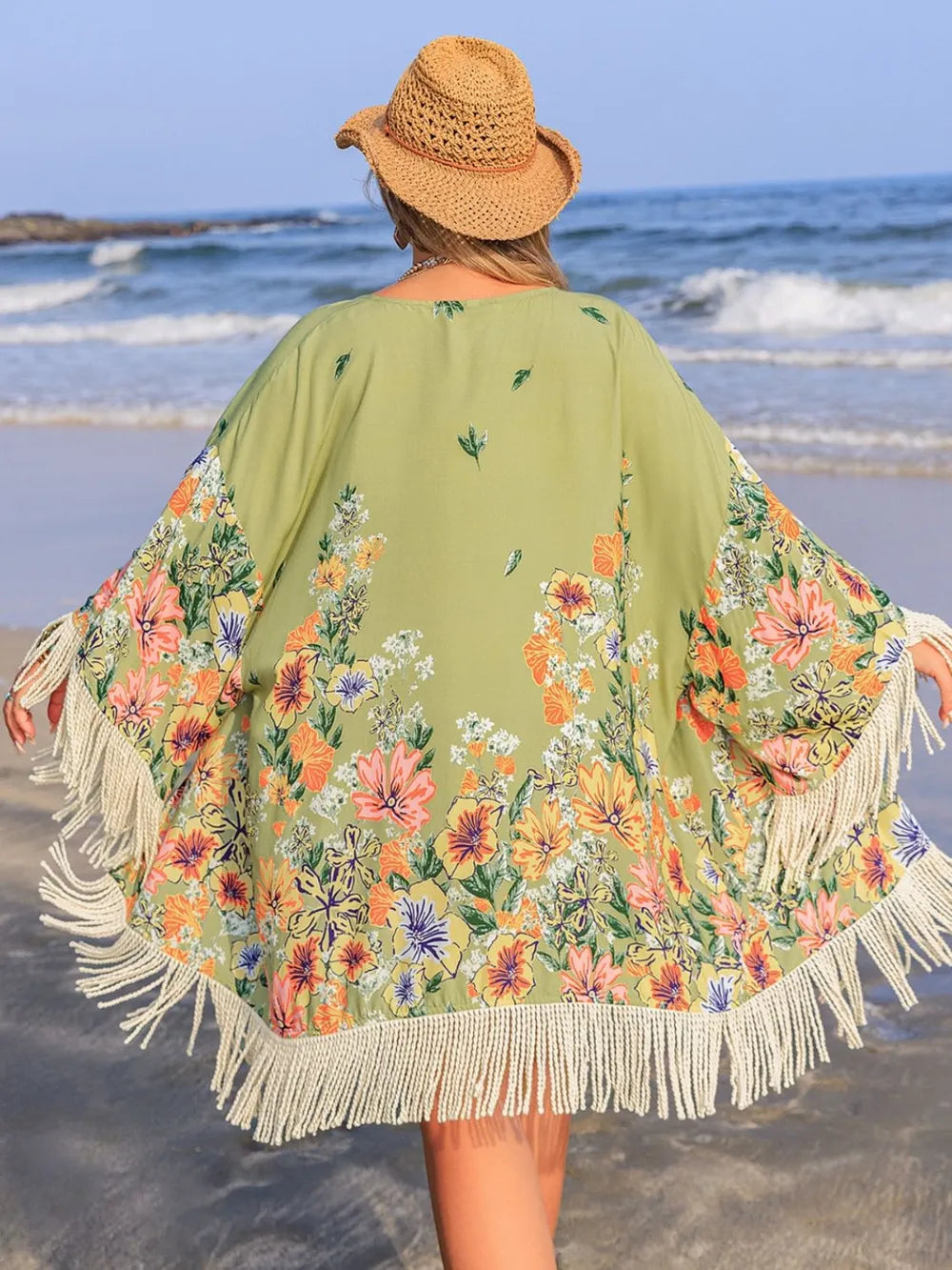 Plus Size Open Front Cover-Up With Chic Fringe Detail - Sheer 100% Viscose, No Stretch