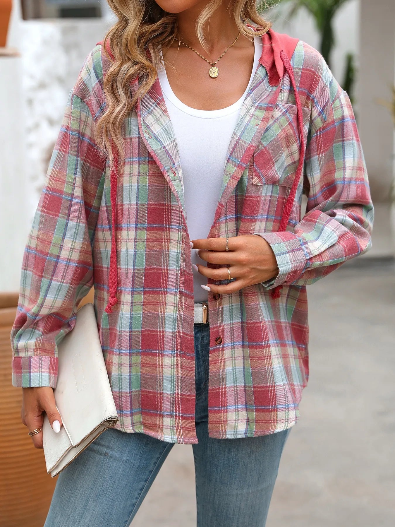 Plaid Button-Up Hooded Shirt